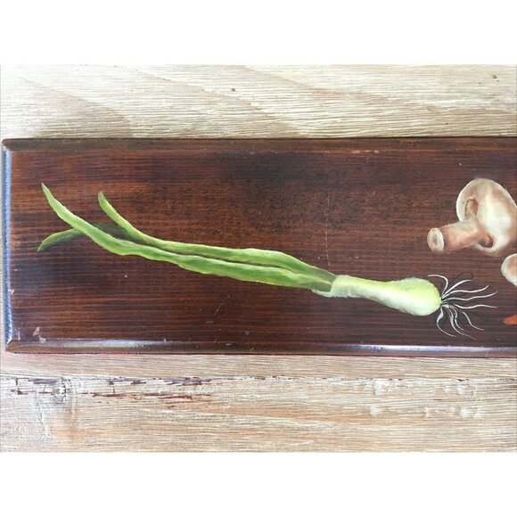 Primitive Wood Plaque Rustic Kitchen Hand Painted Carrot Mushroom Onion Signed - Picture 4 of 8